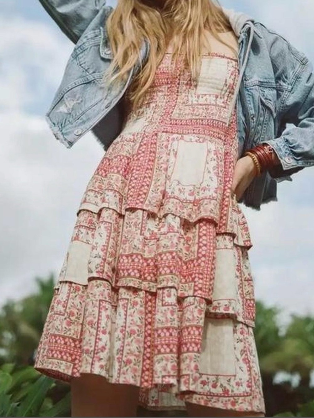 American Eagle Outfitters Patchwork Floral Tiered Mini Dress in Pink and Cream